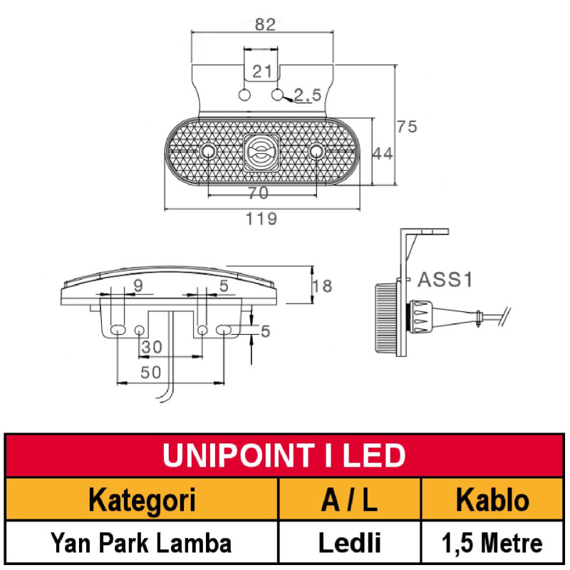 ASPÖCK UNIPOINT I LED Yan Park Lambası 1.5 Metre