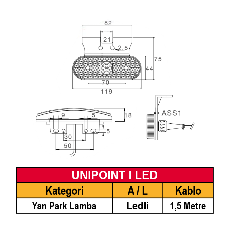 ASPÖCK UNIPOINT I LED Yan Park Lambası 1.5 Metre